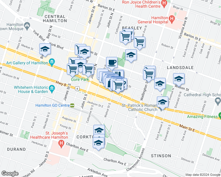 map of restaurants, bars, coffee shops, grocery stores, and more near in Hamilton