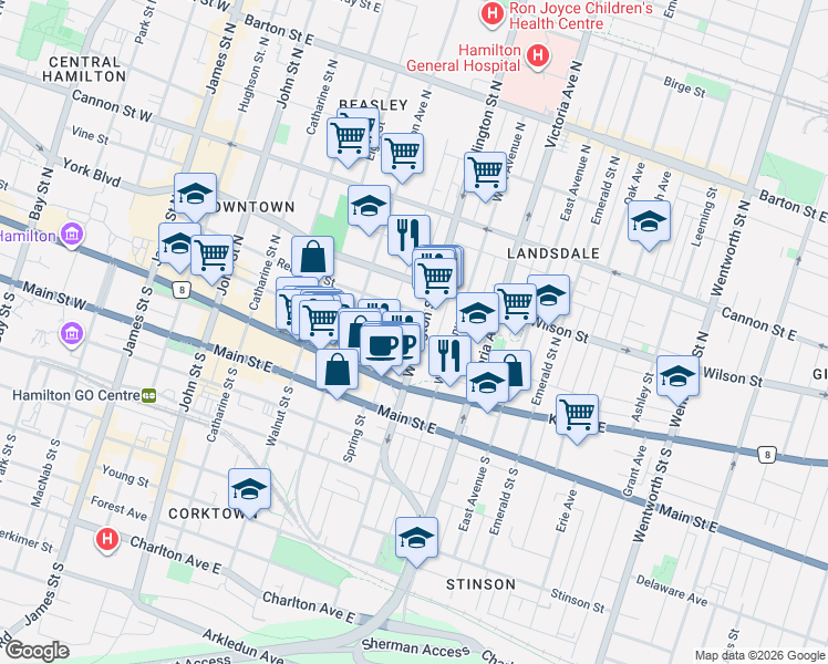 map of restaurants, bars, coffee shops, grocery stores, and more near in Hamilton