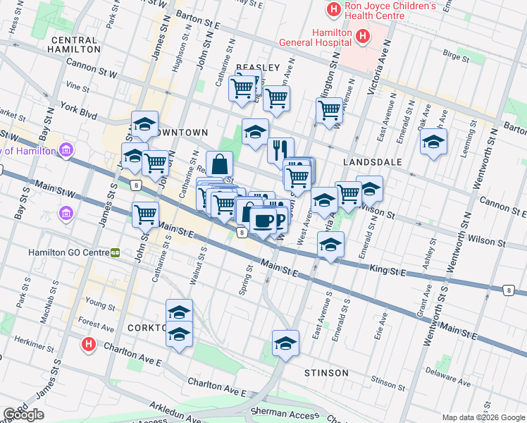 map of restaurants, bars, coffee shops, grocery stores, and more near in Hamilton