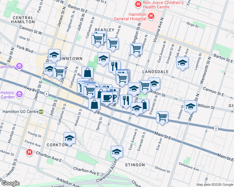 map of restaurants, bars, coffee shops, grocery stores, and more near 51 Wellington Street North in Hamilton