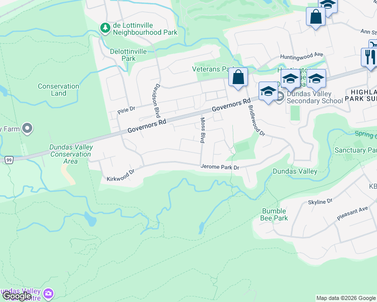 map of restaurants, bars, coffee shops, grocery stores, and more near 4 Lennard Crescent in Hamilton