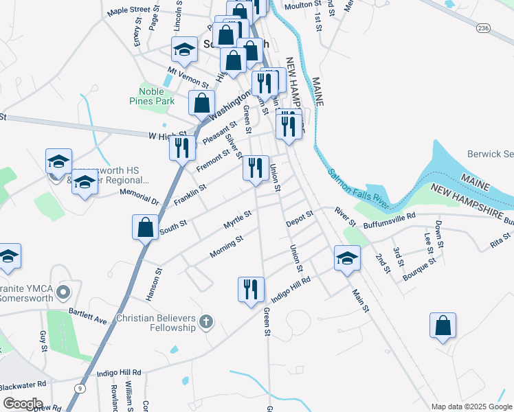 map of restaurants, bars, coffee shops, grocery stores, and more near 14 School Street in Somersworth
