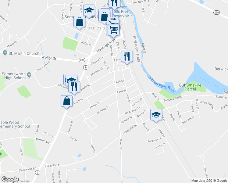 map of restaurants, bars, coffee shops, grocery stores, and more near 14 South Street in Somersworth