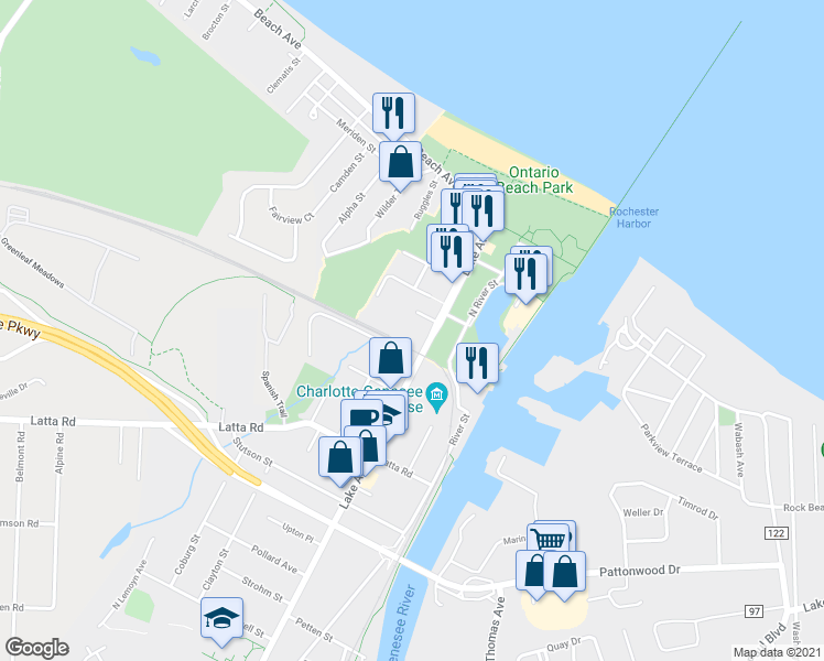 map of restaurants, bars, coffee shops, grocery stores, and more near 21 Lakeland Avenue in Rochester