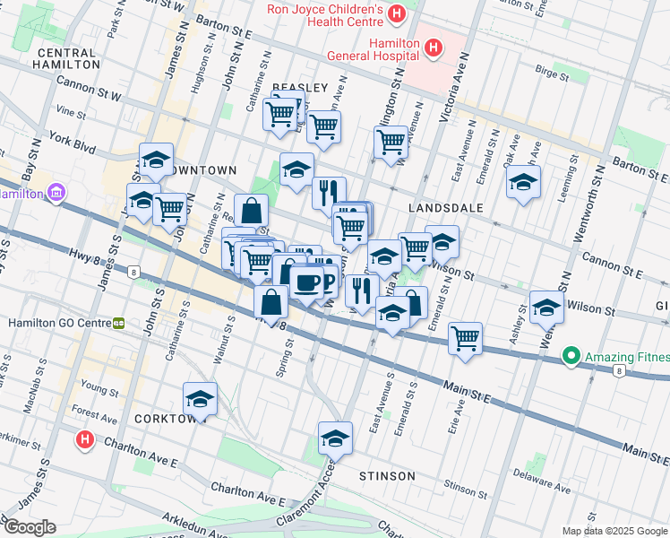 map of restaurants, bars, coffee shops, grocery stores, and more near in Hamilton
