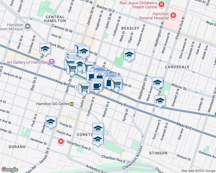 map of restaurants, bars, coffee shops, grocery stores, and more near in Hamilton