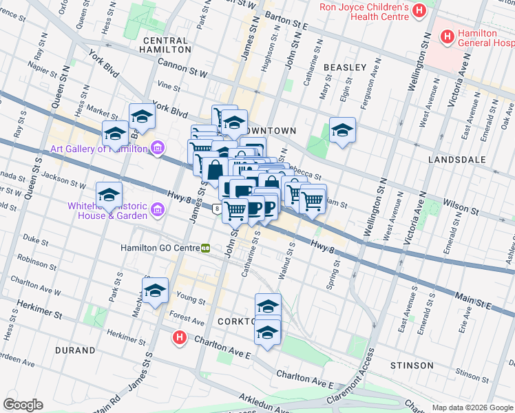 map of restaurants, bars, coffee shops, grocery stores, and more near 122 King Street East in Hamilton