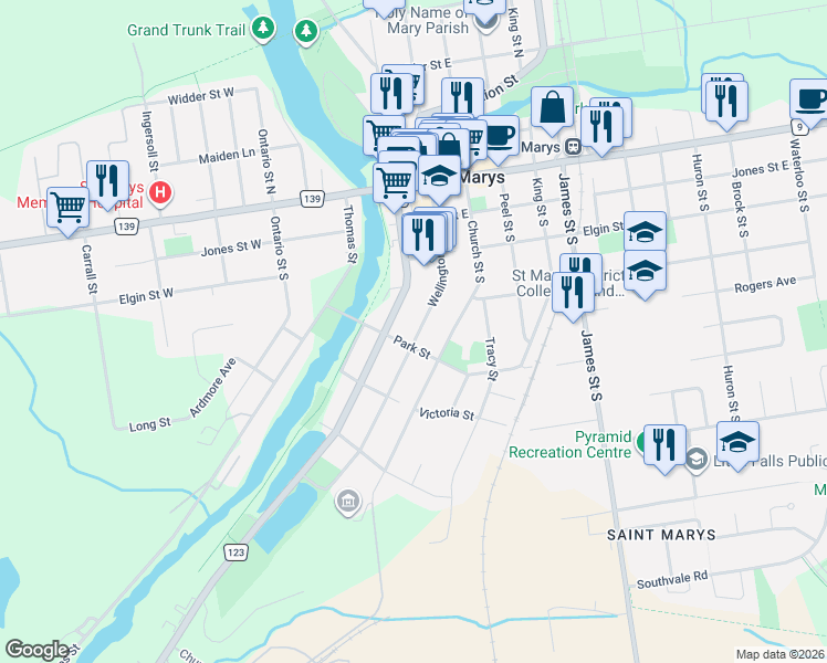 map of restaurants, bars, coffee shops, grocery stores, and more near 158 Wellington Street South in Saint Marys