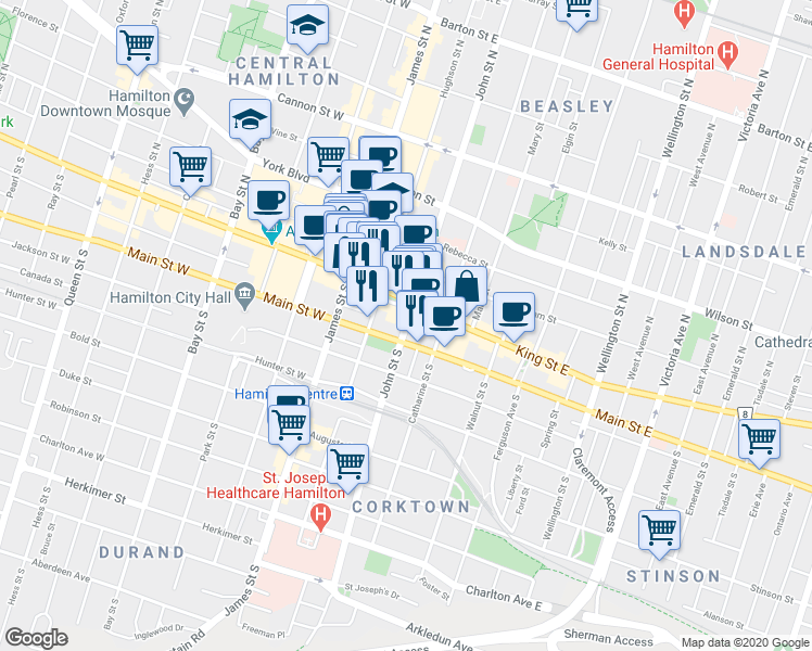 map of restaurants, bars, coffee shops, grocery stores, and more near 6 John Street South in Hamilton