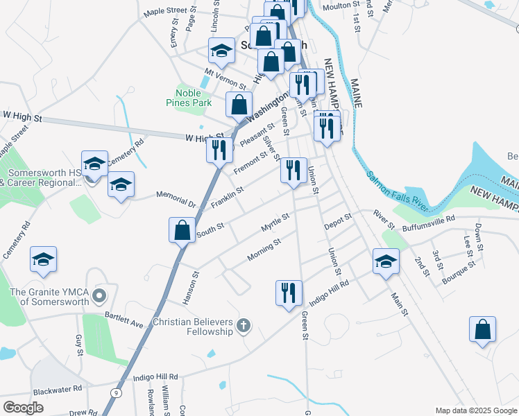 map of restaurants, bars, coffee shops, grocery stores, and more near 38 South Street in Somersworth
