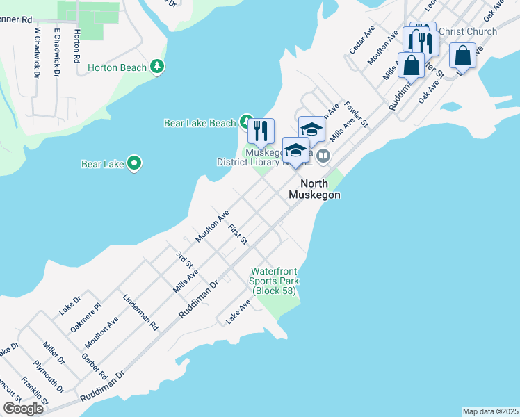 map of restaurants, bars, coffee shops, grocery stores, and more near 1306 Mills Avenue in North Muskegon