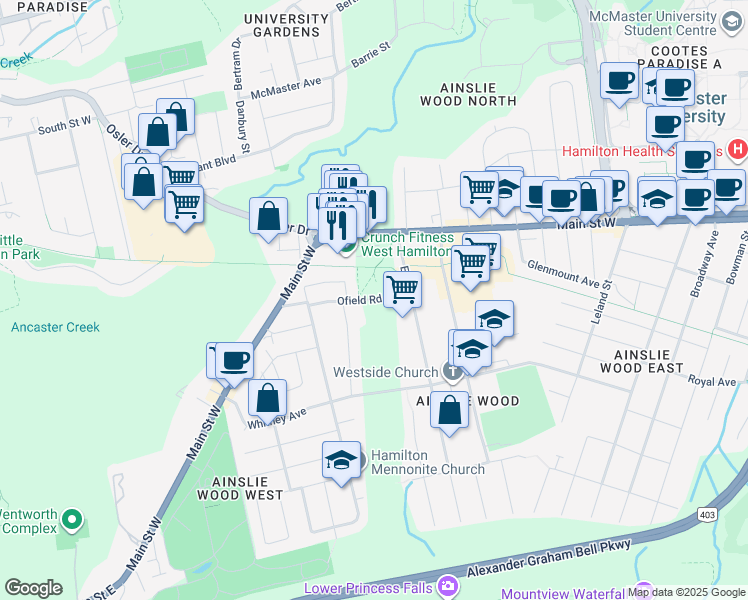 map of restaurants, bars, coffee shops, grocery stores, and more near Ofield Road in Hamilton