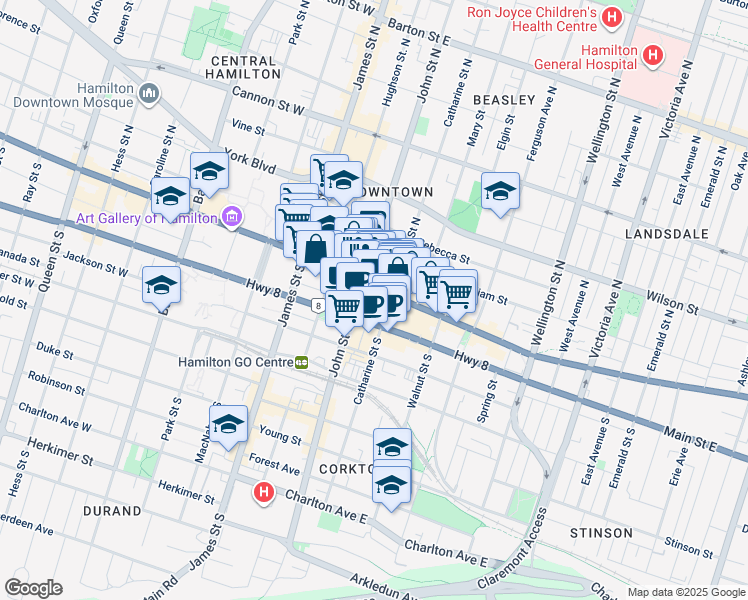 map of restaurants, bars, coffee shops, grocery stores, and more near 112 King Street East in Hamilton