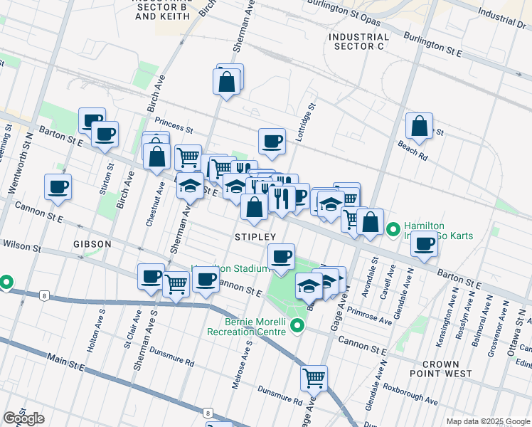map of restaurants, bars, coffee shops, grocery stores, and more near 777 Barton Street East in Hamilton