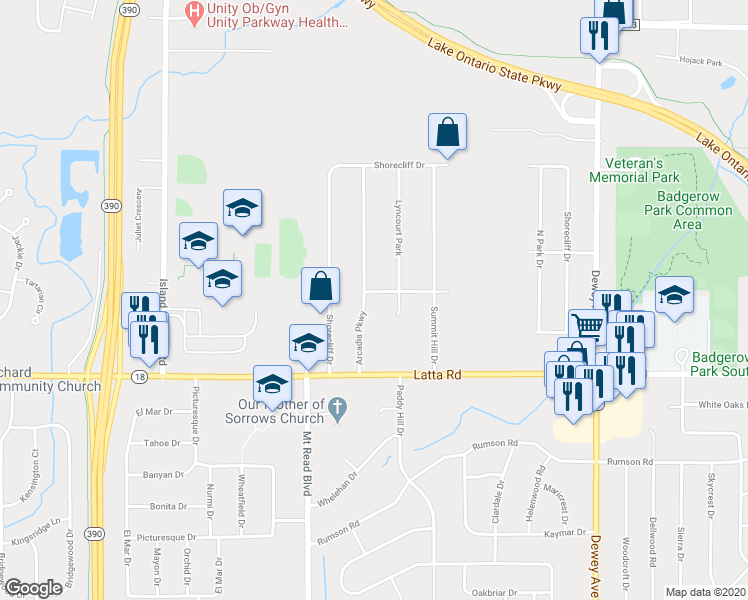 map of restaurants, bars, coffee shops, grocery stores, and more near 118 Arcadia Parkway in Rochester