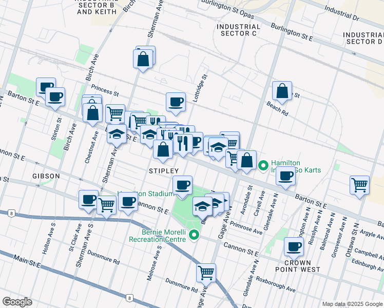map of restaurants, bars, coffee shops, grocery stores, and more near 795 Barton Street East in Hamilton