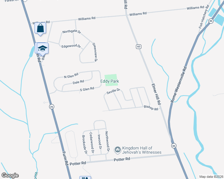 map of restaurants, bars, coffee shops, grocery stores, and more near 6615 Seville Drive in Rome