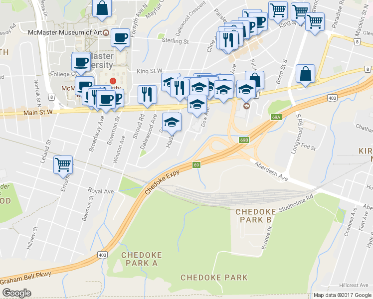 map of restaurants, bars, coffee shops, grocery stores, and more near 177 Cline Avenue South in Hamilton