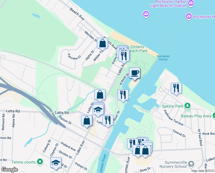 map of restaurants, bars, coffee shops, grocery stores, and more near 21 Lakeland Avenue in Rochester