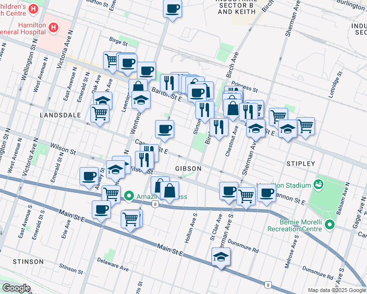map of restaurants, bars, coffee shops, grocery stores, and more near in Hamilton