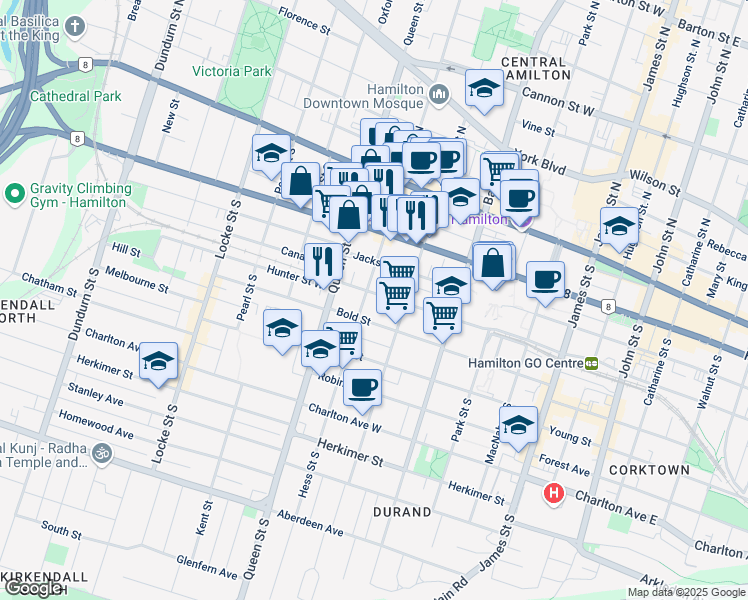 map of restaurants, bars, coffee shops, grocery stores, and more near in Hamilton