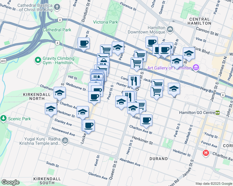map of restaurants, bars, coffee shops, grocery stores, and more near 262 Bold Street in Hamilton