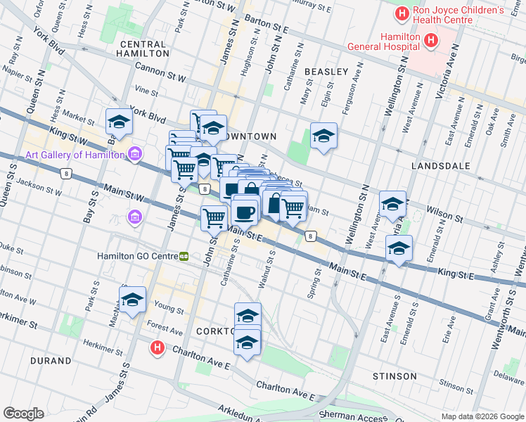 map of restaurants, bars, coffee shops, grocery stores, and more near in Hamilton