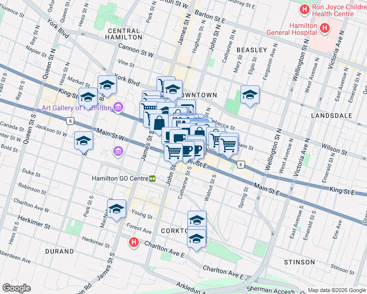 map of restaurants, bars, coffee shops, grocery stores, and more near in Hamilton