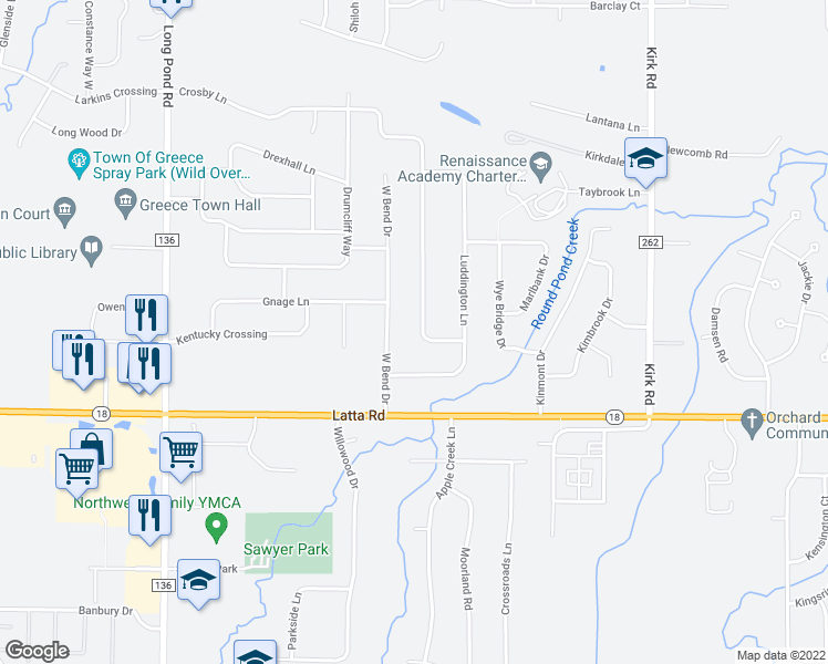 map of restaurants, bars, coffee shops, grocery stores, and more near 47 Crosby Lane in Rochester