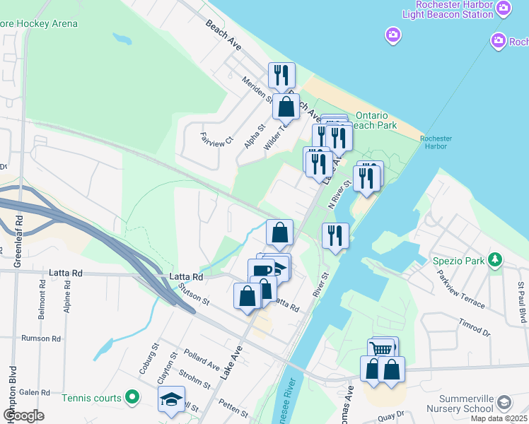 map of restaurants, bars, coffee shops, grocery stores, and more near 4585 Lake Avenue in Rochester