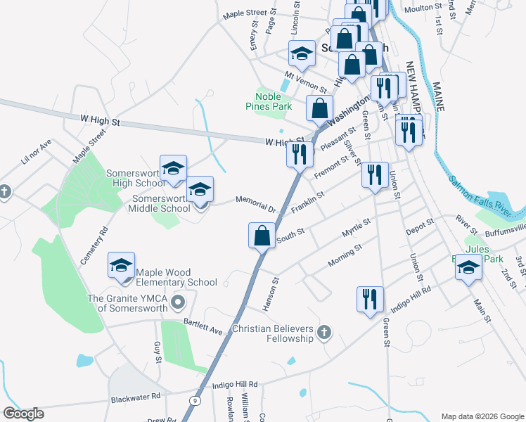map of restaurants, bars, coffee shops, grocery stores, and more near 1 Memorial Drive in Somersworth