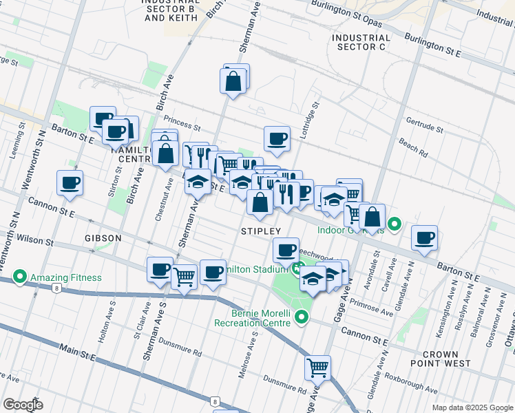 map of restaurants, bars, coffee shops, grocery stores, and more near 750 Barton Street East in Hamilton