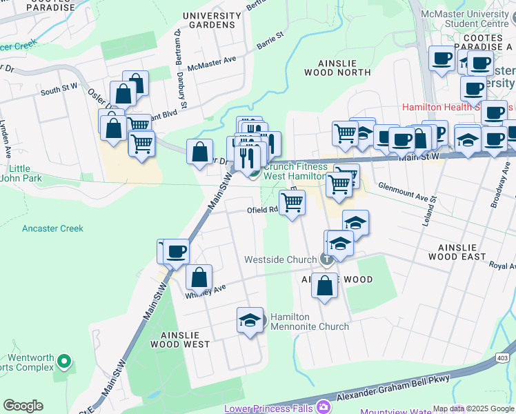 map of restaurants, bars, coffee shops, grocery stores, and more near 44 Ofield Road in Hamilton