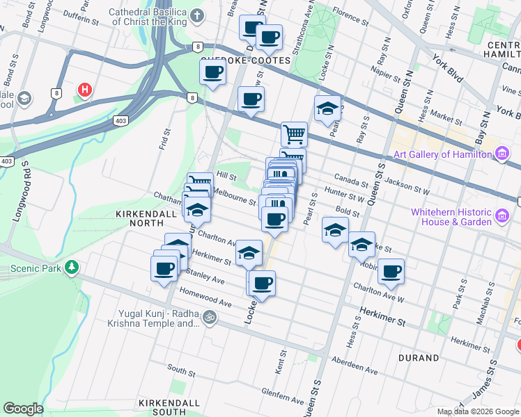 map of restaurants, bars, coffee shops, grocery stores, and more near 25a Melbourne Street in Hamilton