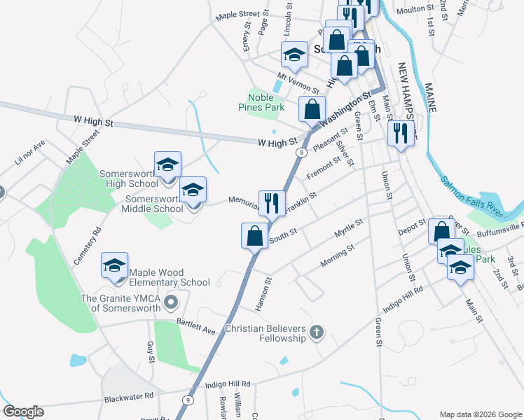 map of restaurants, bars, coffee shops, grocery stores, and more near 1 Memorial Drive in Somersworth