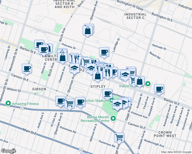 map of restaurants, bars, coffee shops, grocery stores, and more near in Hamilton