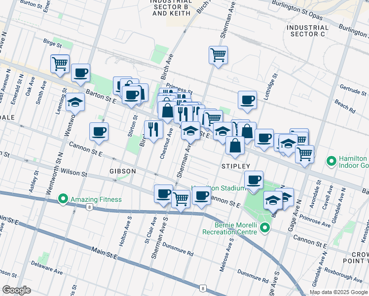map of restaurants, bars, coffee shops, grocery stores, and more near in Hamilton