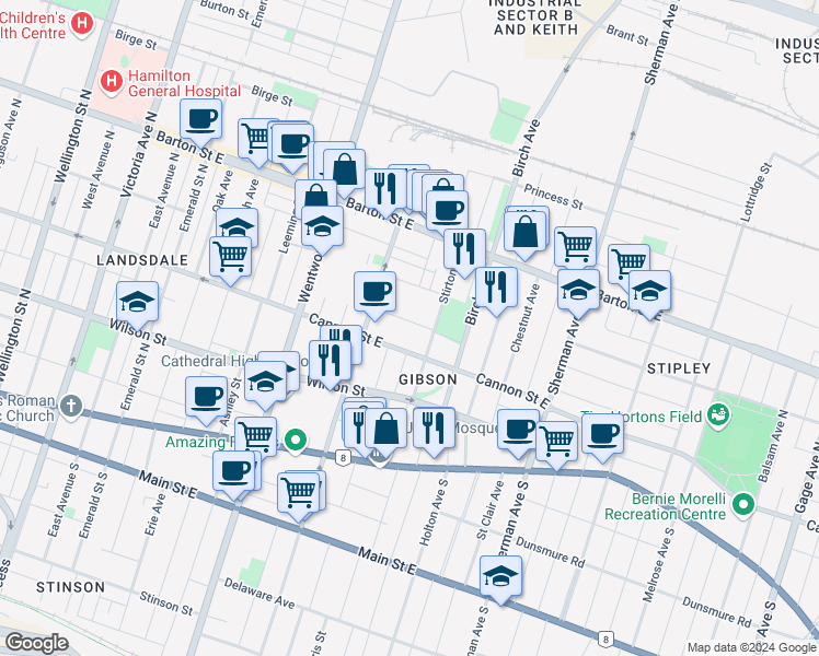 map of restaurants, bars, coffee shops, grocery stores, and more near 24 Harvey Street in Hamilton