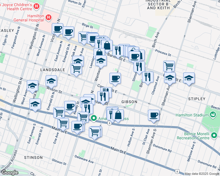 map of restaurants, bars, coffee shops, grocery stores, and more near in Hamilton