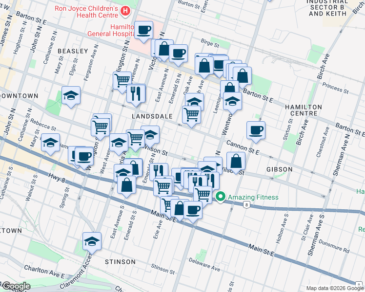 map of restaurants, bars, coffee shops, grocery stores, and more near 97 Steven Street in Hamilton