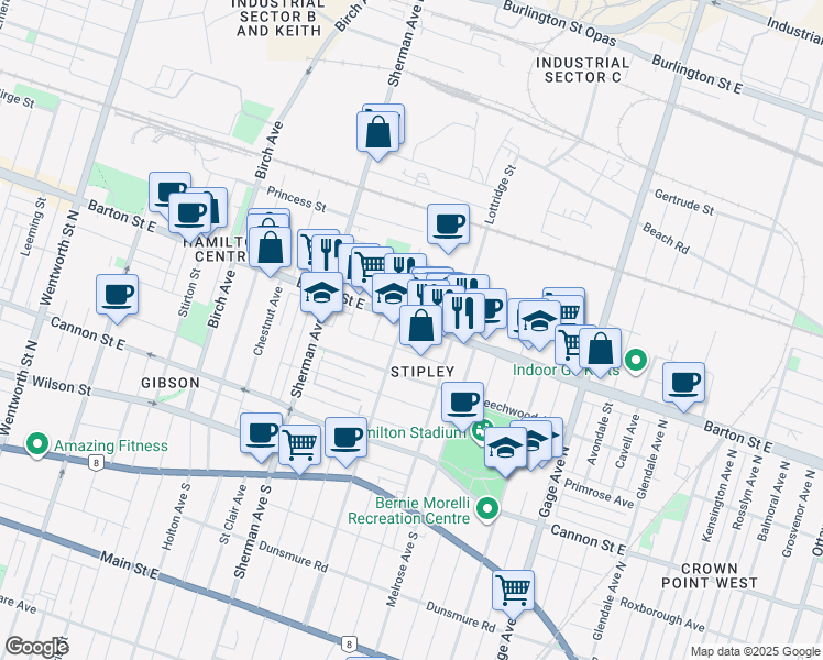 map of restaurants, bars, coffee shops, grocery stores, and more near 746 Barton Street East in Hamilton