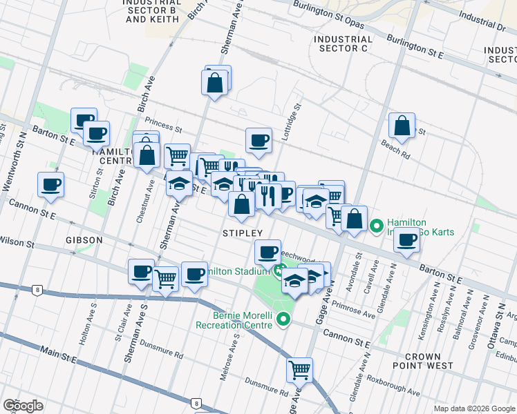 map of restaurants, bars, coffee shops, grocery stores, and more near 777 Barton Street East in Hamilton