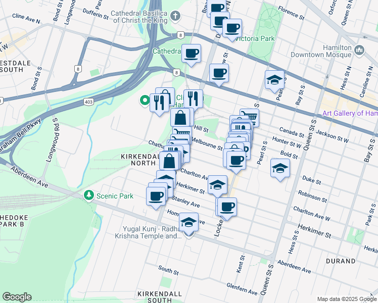 map of restaurants, bars, coffee shops, grocery stores, and more near in Hamilton