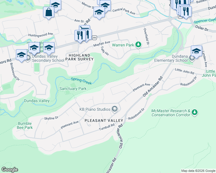 map of restaurants, bars, coffee shops, grocery stores, and more near 43 Sunrise Crescent in Hamilton