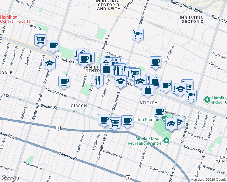 map of restaurants, bars, coffee shops, grocery stores, and more near 62 Kinrade Avenue in Hamilton
