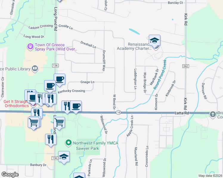 map of restaurants, bars, coffee shops, grocery stores, and more near 87 W Bend Dr in Rochester