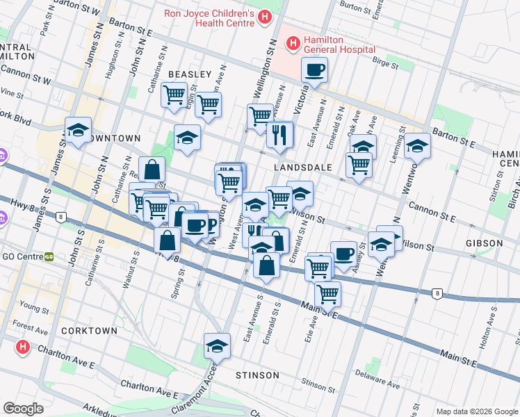 map of restaurants, bars, coffee shops, grocery stores, and more near 77 Victoria Avenue North in Hamilton