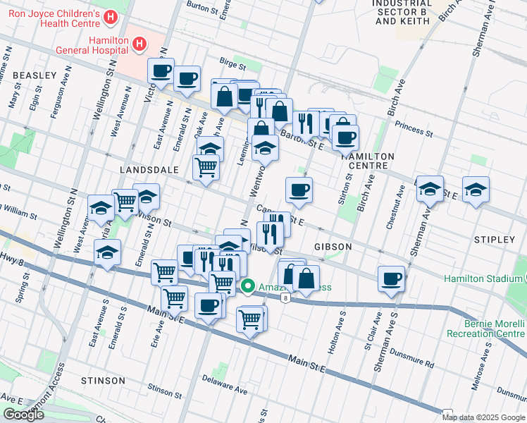 map of restaurants, bars, coffee shops, grocery stores, and more near 460 Cannon Street East in Hamilton