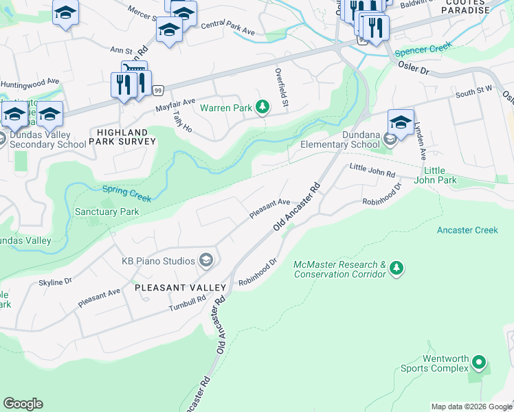 map of restaurants, bars, coffee shops, grocery stores, and more near 25 Pleasant Avenue in Hamilton