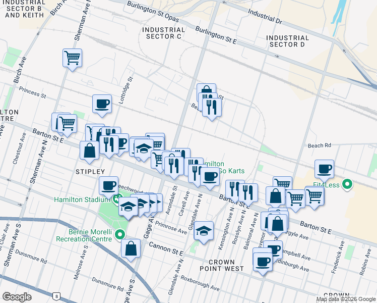 map of restaurants, bars, coffee shops, grocery stores, and more near 25 Mons Avenue in Hamilton